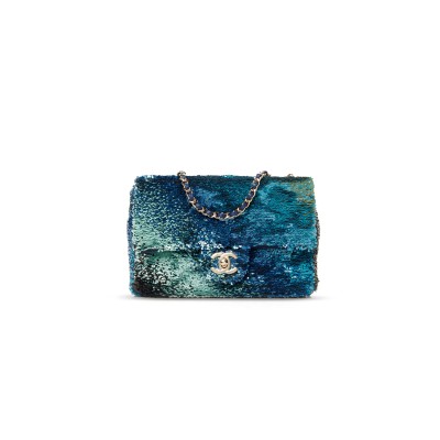 CHANEL SHADED SEQUINS MINI FLAP LIGHT GREEN DARK BROWN WHITE BLUE 1585379 (20*14*7cm)